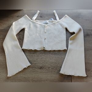 South Moon Under Crop Cardigan Sweater NWT Sz S Ivory Ribbed Knit Flare Sleeve